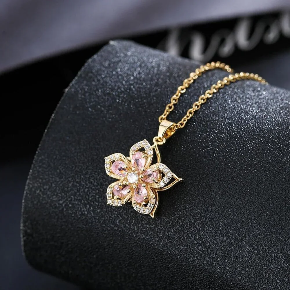 Gold Flower Fidget Necklace for Women - Rotatable Crystal Blossom Pendant